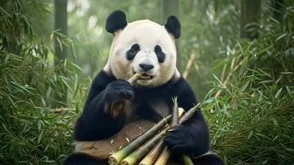 Adorable panda eating bamboo in lush forest habitat is perfect for conservation projects, education, and promoting eco-tourism initiatives