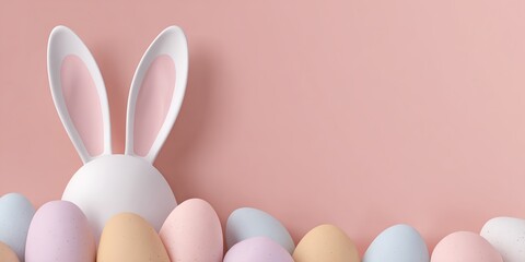 Minimal Easter bunny ears with pastel eggs on pink background, perfect for Easter banners, spring promotions, website headers, holiday advertisements, and creative projects with copy space.