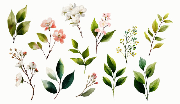 Watercolor spring flowers and green leaves set - delicate cherry blossoms with botanical foliage elements. Spring botanical elements for weddings.