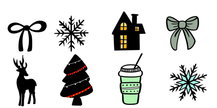 Festive winter holiday icons including bows, snowflakes, reindeer, Christmas tree, cozy house, and hot drink cup. Cute hand-drawn Christmas clipart perfect for seasonal decor, stickers, and digital de