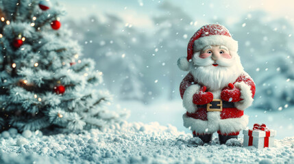 Fototapeta premium Cheerful Santa Claus with gifts near Christmas tree in fabulous snow-covered forest. Mockup for Christmas greeting cards and winter holiday designs. Copy space.