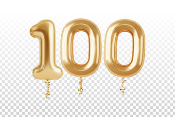 Vector realistic isolated golden balloon number 100 on the transparent background.