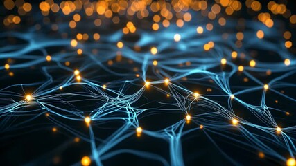 Abstract network of glowing blue fiber threads with bright orange nodes illustrating digital connectivity, data flow, and modern technology networks for ai and innovation - Powered by Adobe
