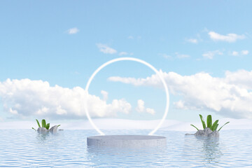 Marble Podium Circular Leafs Plants for Product Presentation