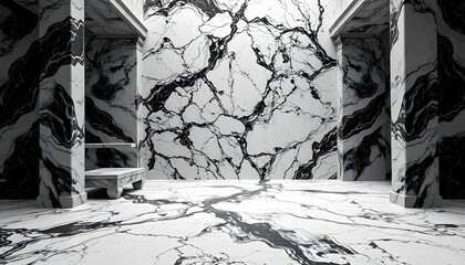 Interior space showcasing a luxurious marble design with dramatic black veining patterns.