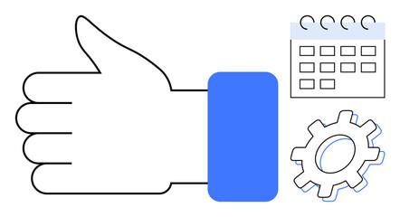 Thumbs-up icon alongside a calendar and gear representing approval, strategic planning, and process optimization. Ideal for teamwork, organization, schedule management, productivity, business