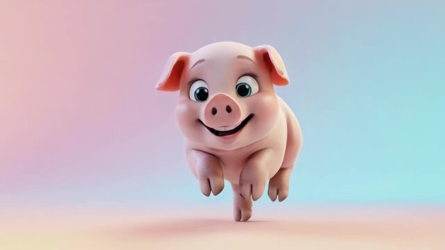 A cheerful cartoon pig running forward