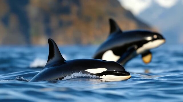 A family of killer whales on the hunt, looking for a whale or other sea animals