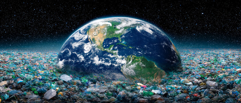 Planet Earth Drowning In Plastic Waste. Global Pollution Crisis, Environmental Awareness, Ocean Microplastics, Ecological Disaster. Panoramic bg