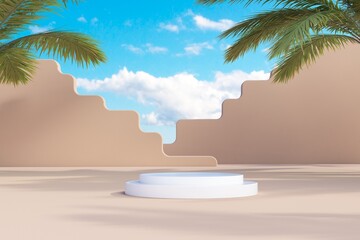 Marble Podium Circular Leafs Plants for Product Presentation