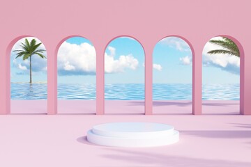 Marble Podium Circular Leafs Plants for Product Presentation