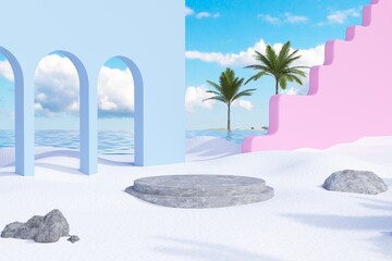 Marble Podium Circular Leafs Plants for Product Presentation