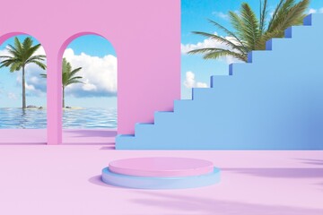 Marble Podium Circular Leafs Plants for Product Presentation