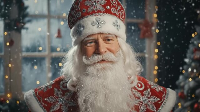 Portrait of a kind Ded Moroz in a traditional red costume. The Russian Father Frost smiles at the camera during a gentle snowfall. Magical Christmas and New Year holiday celebration