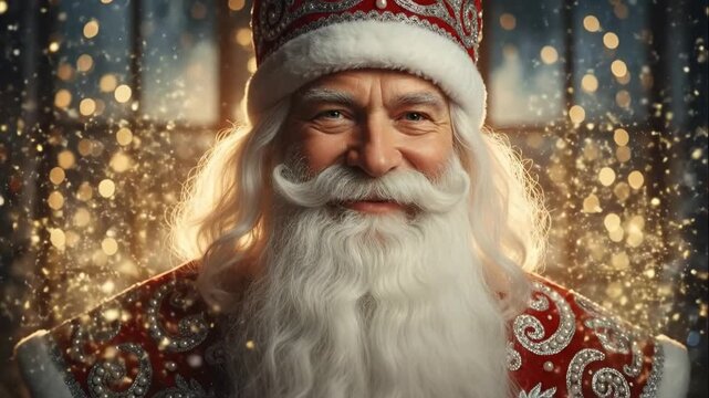 Portrait of Ded Moroz, the Slavic Grandfather Frost. A magical Christmas and New Year's greeting with falling snow and golden sparkles. Traditional holiday character concept
