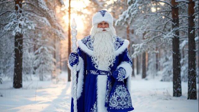 Russian Father Frost, Ded Moroz, in a snowy winter forest at sunrise. A magical character in a traditional blue costume holding a staff. Christmas and New Year folklore concept