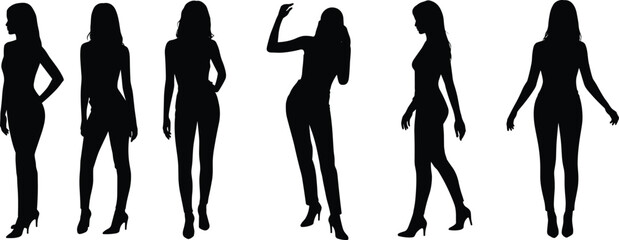 Woman silhouette vector set, young fashion model standing and posing in casual pants and high heels, female collection.