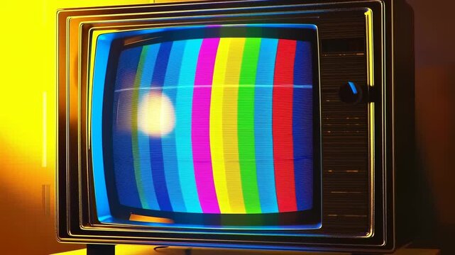 Vintage color test pattern on an old crt television in a warm room, capturing retro tech aesthetics, broadcast era vibes, and moody ambient lighting for a nostalgic atmosphere