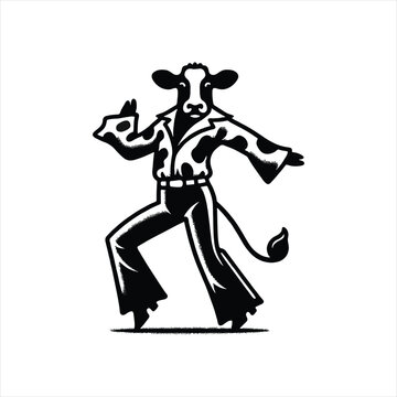 Groovy cow dancing in retro disco outfit with bell bottoms, perfect for fun branding or a whimsical vibe