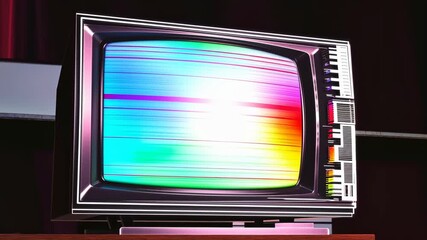 Vintage CRT television displaying rainbow color static in a moody studio setting, chrome bezel and retro design, cinematic low light vibe capturing nostalgic tech aesthetics - Powered by Adobe