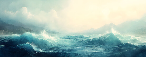 Dramatic Ocean Waves A Watercolor-Inspired Cinematic Scene with Stormy Waters and Cloudy Skies