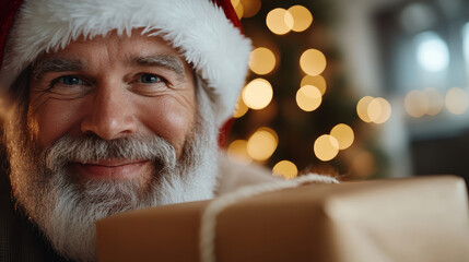 A smiling man wearing a Santa hat presents a wrapped gift, embodying the spirit of giving and joy during the festive holiday season.