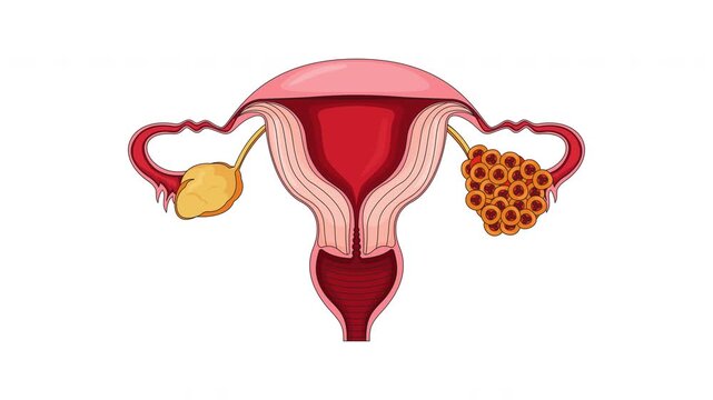 Late-stage ovarian cancer in female reproductive system cartoon animation. Oncology. Gynecological disease. Tumor clusters of ovary growing animated flat 2D object 4K video isolated on white