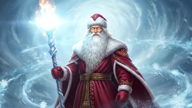 Powerful Ded Moroz wielding a magical ice and fire staff. Animated fantasy illustration of a winter wizard. Slavic folklore and mythology character