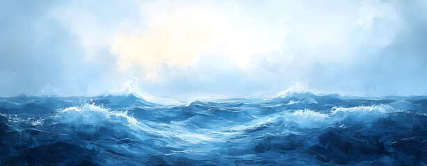 Watercolor Ocean Captivating Waves and Serene Skies in a Flat Design Illustration