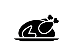Simple outline drawing of a roasted chicken on a platter isolated on transparent background