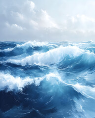 Dramatic Ocean Waves Under Cloudy Sky A Serene Coastal Scene Depicting Power and Beauty