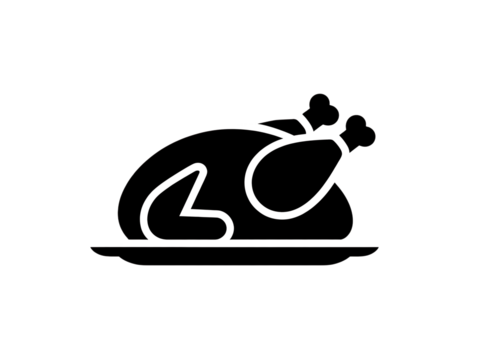 Simple outline drawing of a roasted chicken on a platter isolated on transparent background