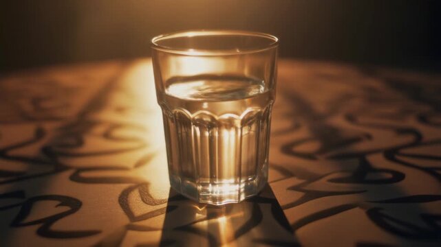 A glass of water, photographed in a shallow depth of field, sits centered on a decorative table surface with a warm, golden-brown hue from the lighting.
