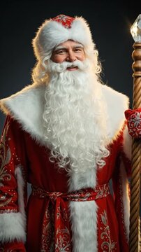 Ded Moroz in a traditional red costume holding a glowing magic staff. Smiling Father Frost character for Christmas and New Year. Slavic holiday magic concept