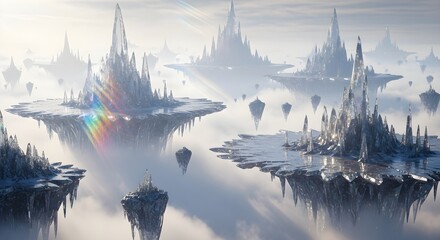 Ethereal floating cities bathed in soft light, a mystical landscape of crystal structures and clouds.