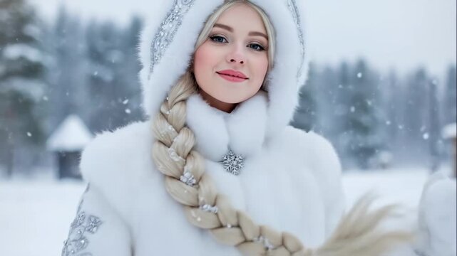 A beautiful woman as Snegurochka in a snowy winter forest. Portrait of a fairytale snow maiden in a white fur coat. Russian folklore and winter holiday concept