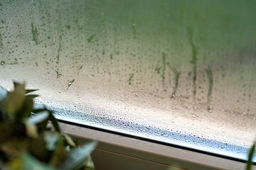 Window with condensation and water droplets