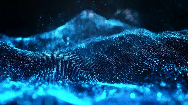 Blue abstract digital wave of glowing particles sweeping across a dark background, illustrating a futuristic data stream, network visualization, and immersive technology atmosphere.
