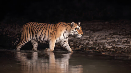Solitary Tiger Walking Through a Shallow River &ndash; Majestic Wildlife Photography Inspiration