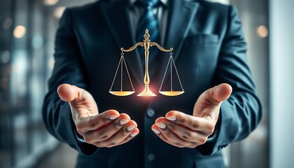 Man in Suit Holding Illuminated Golden Scales of Justice Symbol in Hands legal balance