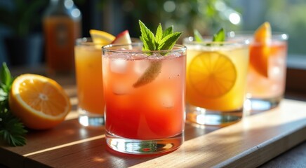 Fototapeta premium Assorted mocktails with oranges and mint leaves