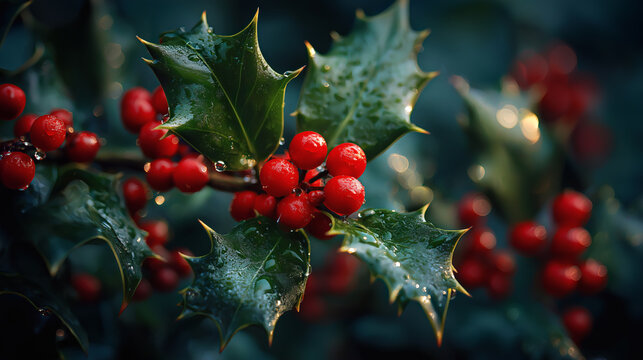 Rainy Holly Berries Wet Leaves Close Up Dark