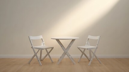 Minimalist white table and chairs in a bright room.  Interior design, home decor, cafe setting