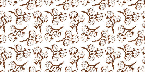 Seamless pattern with cotton plant in line art style. Design for textile and bed linen.