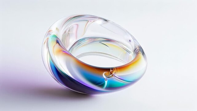 Macro shot of a transparent glass sculpture with swirling rainbow hues and smooth curves resting on a surface, conveying creativity, clarity, and modern design for marketing