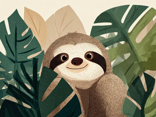 Fototapeta premium Cute sloth illustration surrounded by tropical leaves in a vibrant jungle setting
