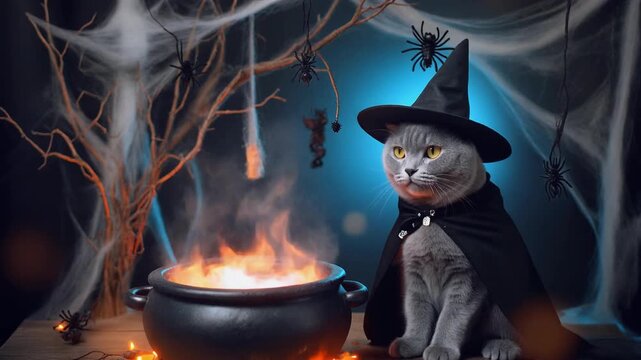 Cat dressed as a witch with a cauldron and spiders in a spooky setting Keywords: cat, witch, costume, halloween, cauldron, fire, smoke, spiders, spider web, spooky, scary, dark, night, holiday