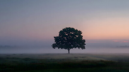 Solitary Tree in a Foggy Meadow at Sunrise &ndash; Peaceful Morning Landscape, Misty Nature Scene