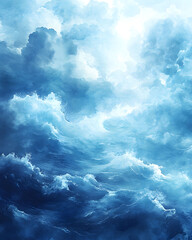 Serene Blue Cloudscape Atmospheric Ocean of Billowing Clouds and Soft Light, Artistic Impression
