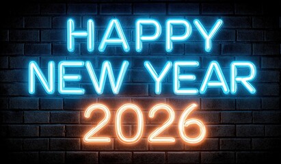 Glowing neon sign with words Happy New Year 2026 against urban brick wall background in blue orange and yellow colors creating contrast with space for messages.